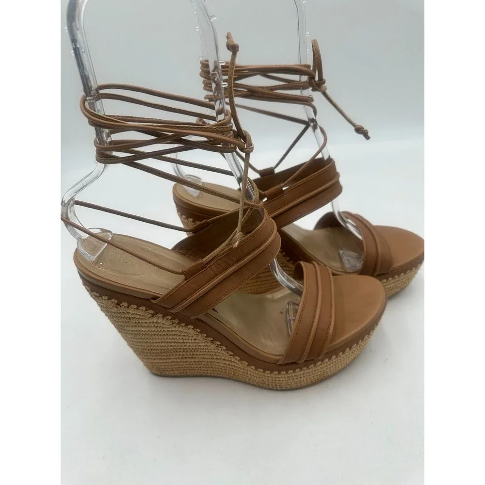 Stuart Weitzman Abandon Tan Leather Lace Up Espadrille Raffia Wedge Size 11M